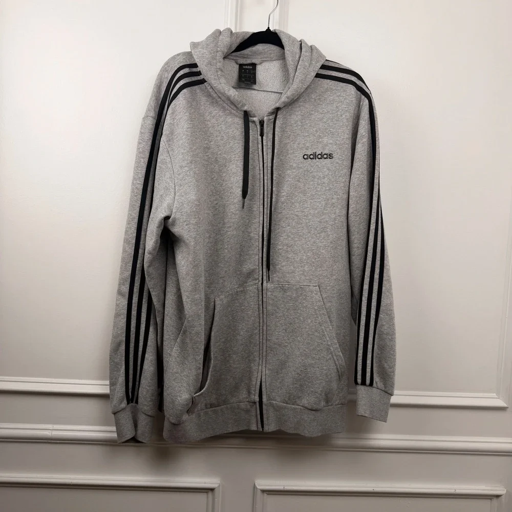 Adidas Mens Essentials 3-Stripes Full Zip Hoodie‎ Grey XL